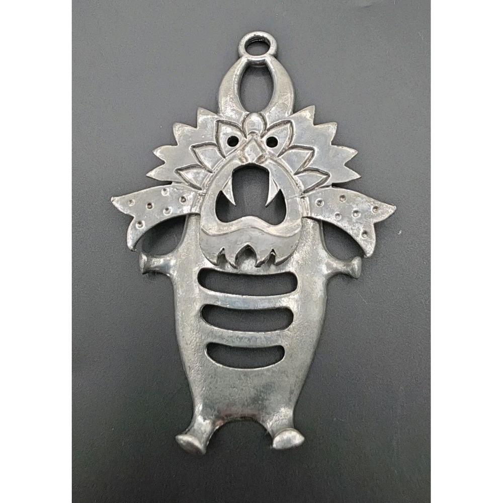 Vintage PL Pierre Lang Signed Silver Tone Funky Fun Tribal Mask Hinged Pendant